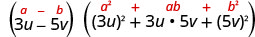 An algebraic expression demonstrating the difference of cubes formula: (a - b)(a^2 + ab + b^2) = a^3 - b^3, with 'a' represented by 3u and 'b' by 5v.